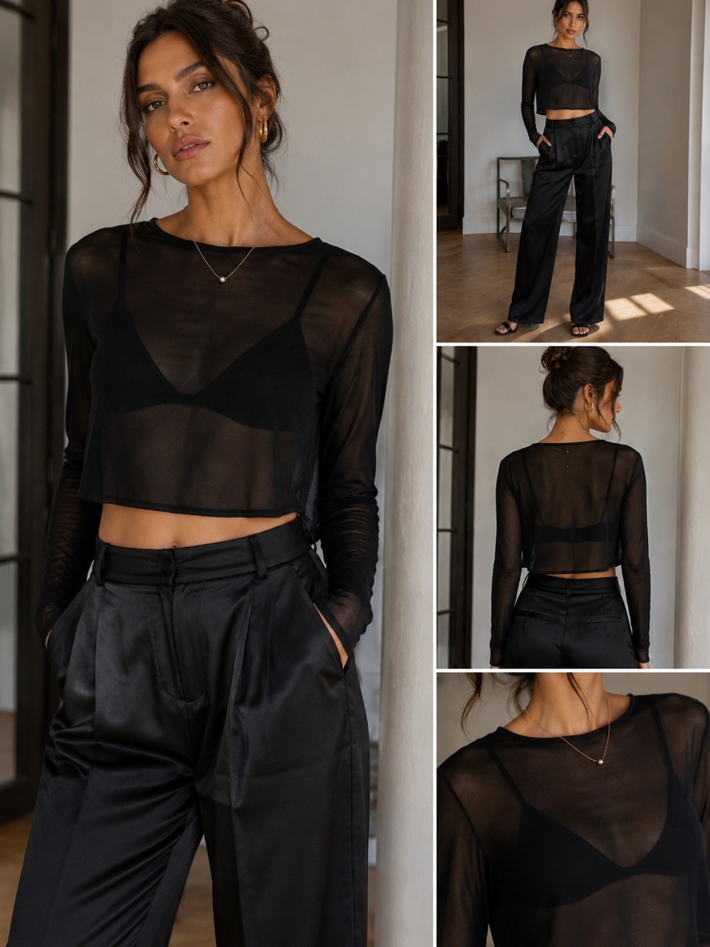Robert Rodriguez Sheer Black Long Sleeve Crop Top Medium Editorial Minimalist